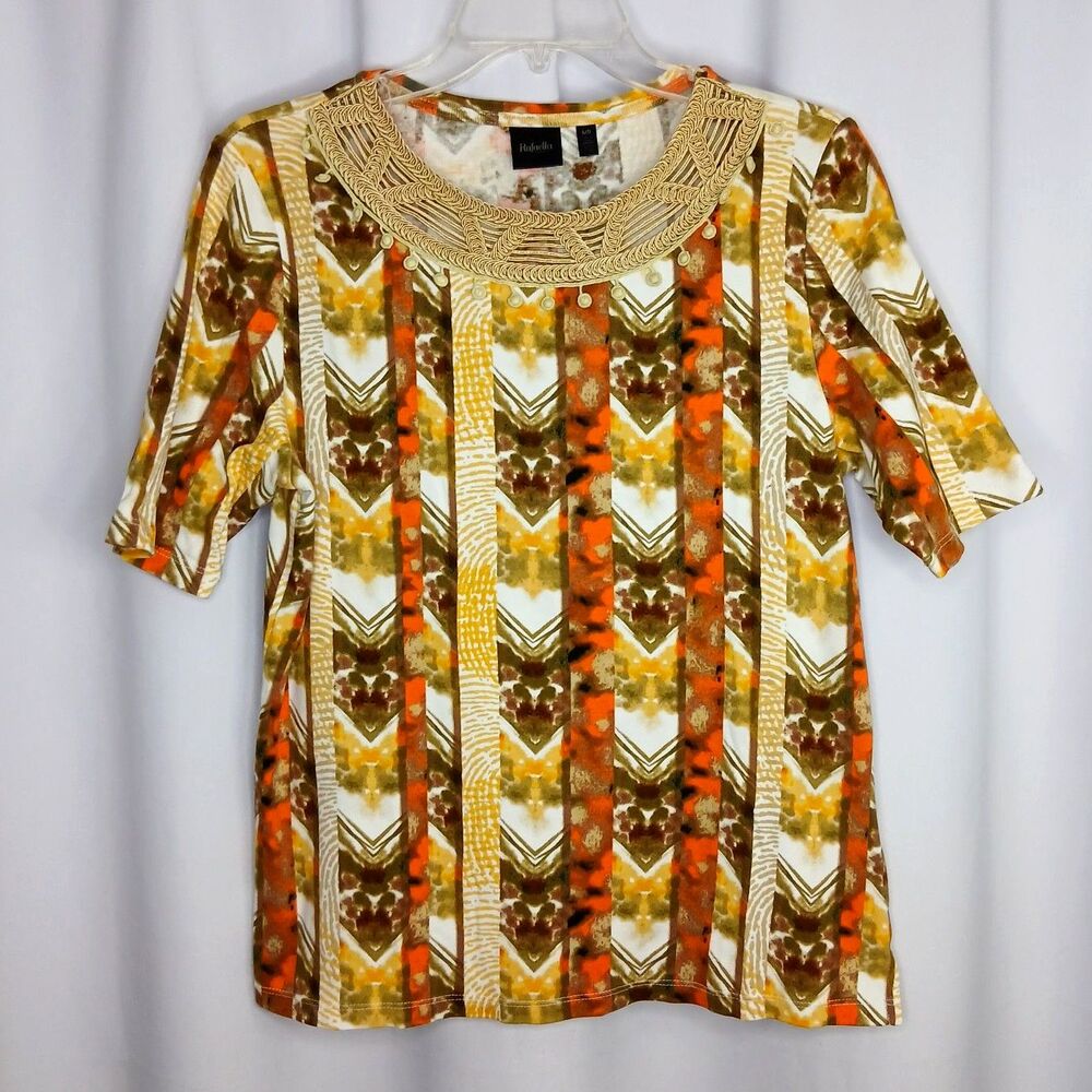 Rafaella Short Slv Cotton Top Embellished Neck Blouse Earth Tones Womens Large